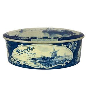 Vintage Droste Haarlem Holland Empty Tin Container Oval Blue White Designs